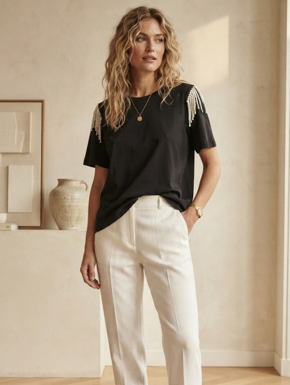 NWT Jolie Black Short Sleeve Top with Pearl Detail